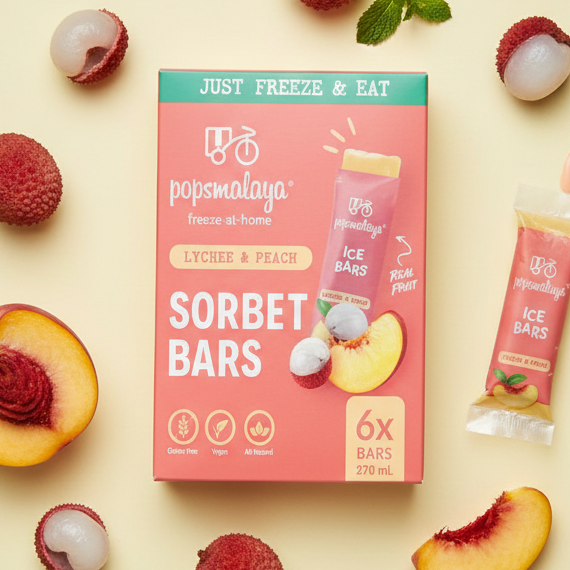 Pops Malaya Freeze-at-Home Sorbet Bars: Lychee & Peach (6x45ml)